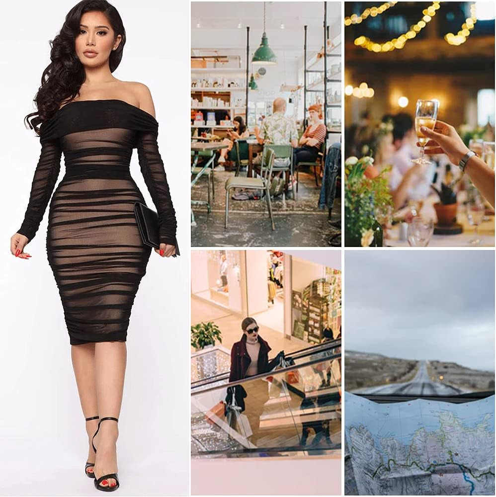 Women'S Sexy off the Shoulder Mesh Long Sleeve Ruched Bodycon Club Midi Dress for Party Cocktail Clubwear Black M