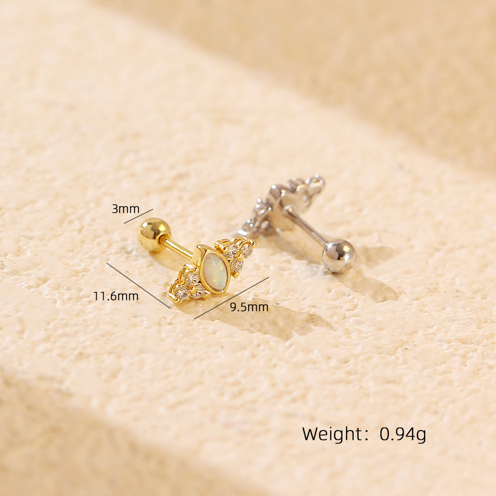 S925 Silver Opal-studded Screw-back Stud Earrings