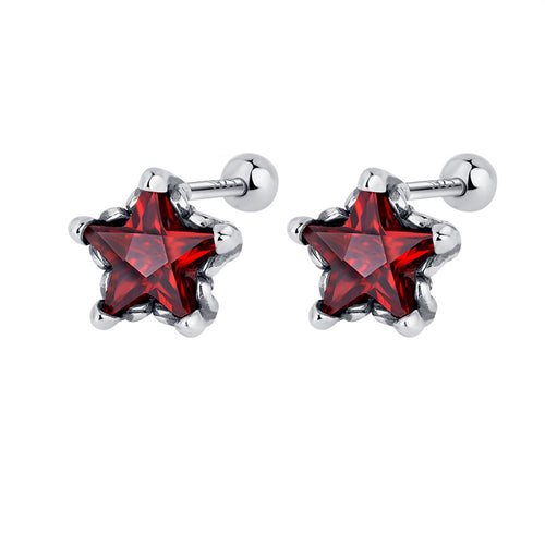 925 Sterling Silver Vintage Distressed Personality Five Point Star Red Diamond Screwed Earrings