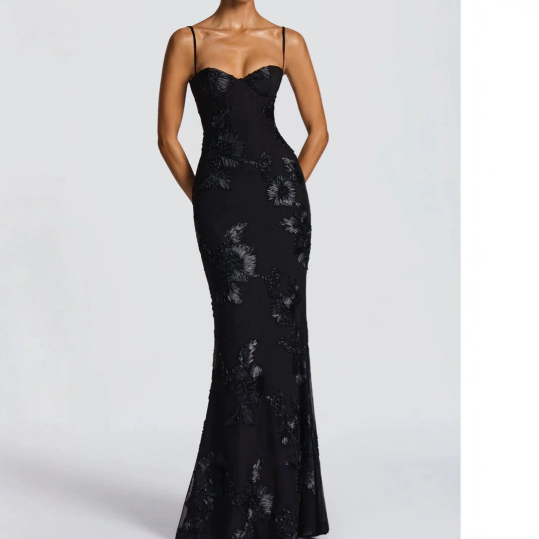 Flower-decorated Evening Dress High-end Banquet Elegant Slimming