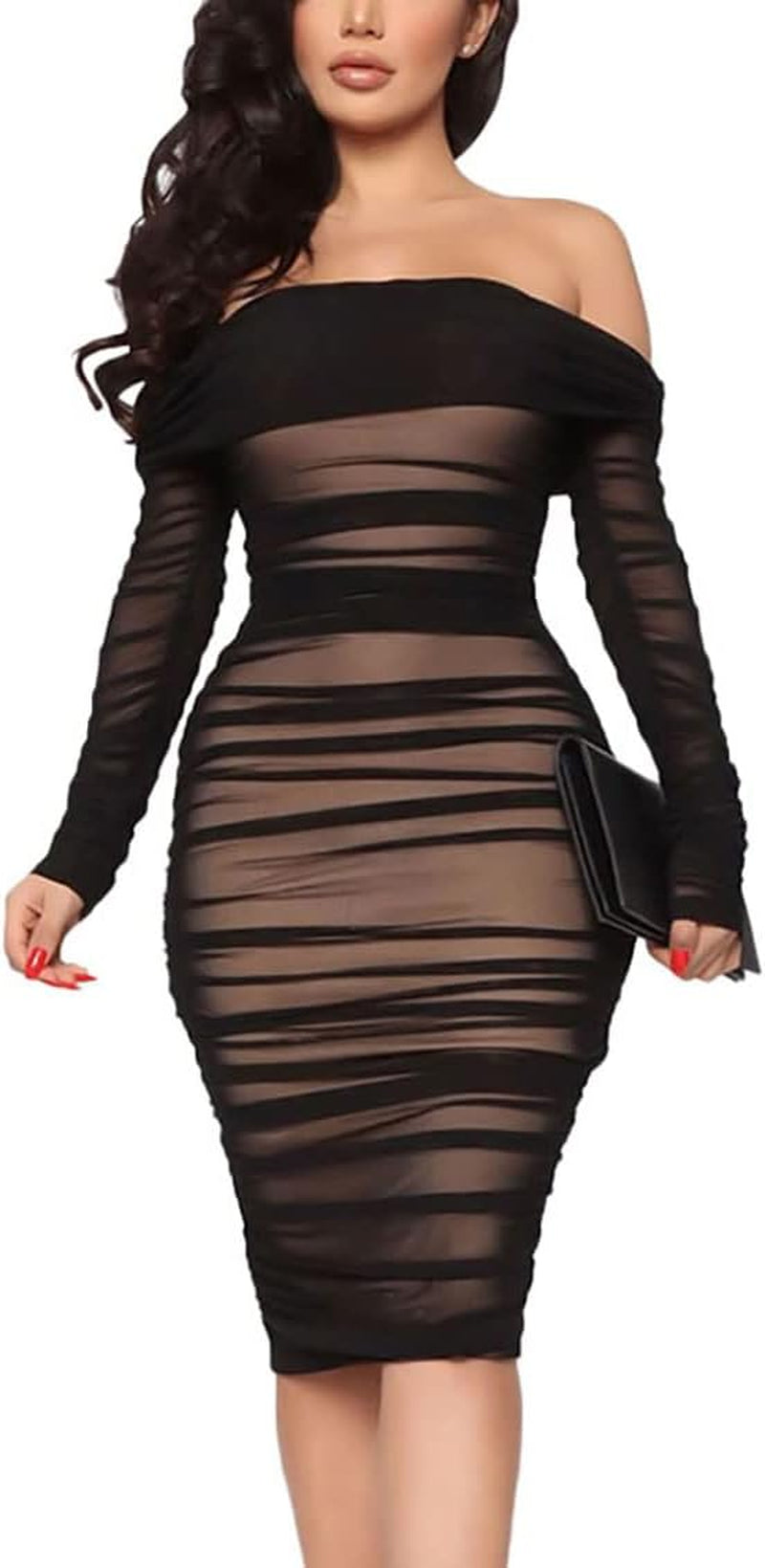 Women'S Sexy off the Shoulder Mesh Long Sleeve Ruched Bodycon Club Midi Dress for Party Cocktail Clubwear Black M